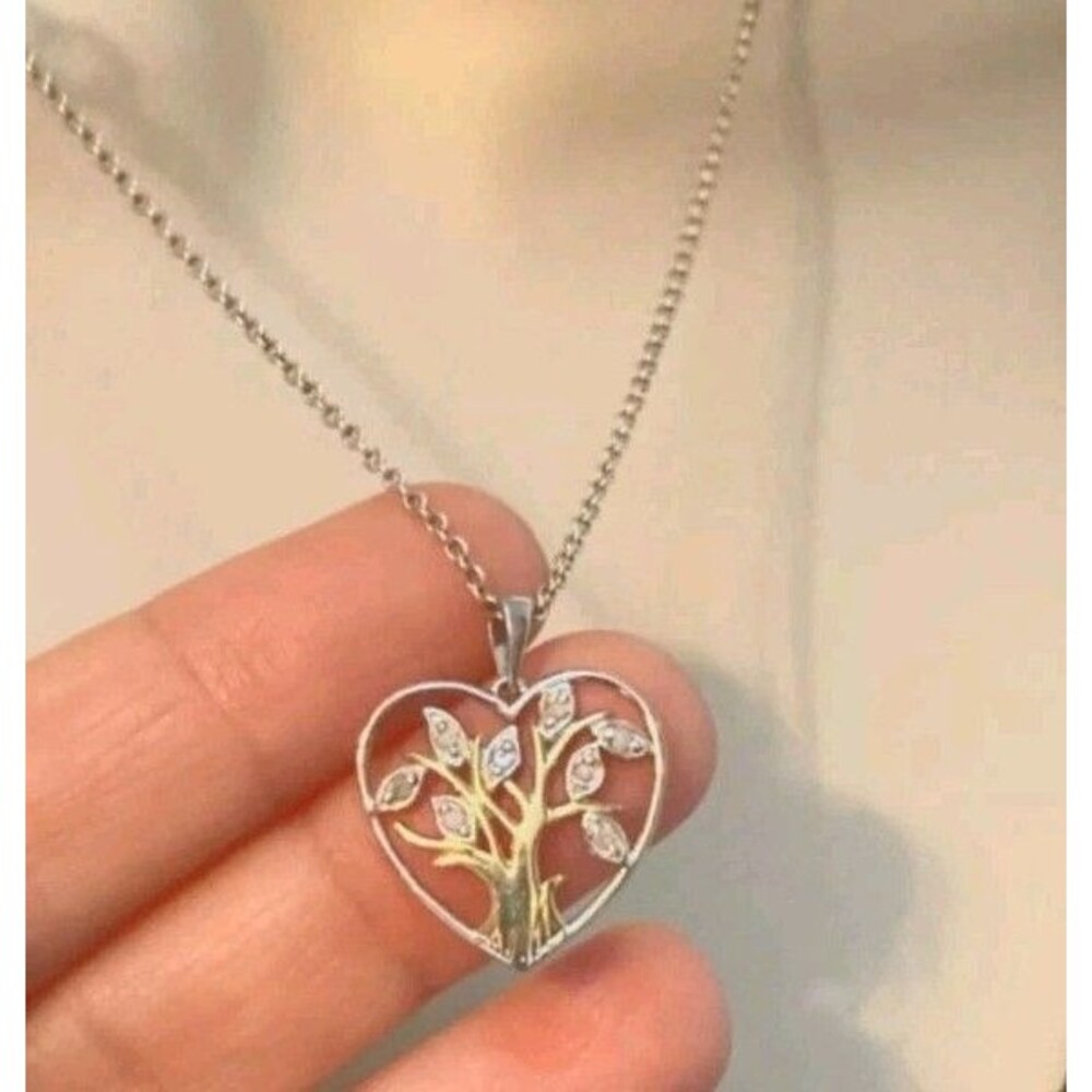 Sterling Silver Heart Tree of Life Pendant 18” Necklace CW 925 Gold Branches